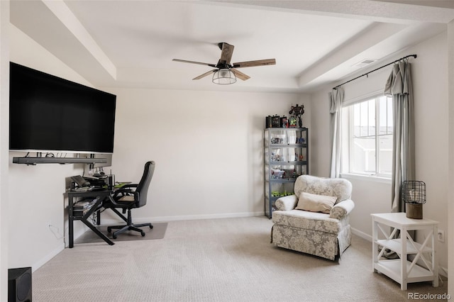 5840 Longs Peak St, Brighton, CO 80601 - office space with a tray ceiling, a ceiling fan, and carpet flooring