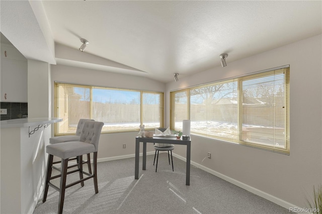 office space with light carpet, vaulted ceiling, and a textured ceiling