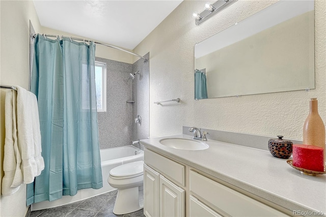 full bathroom featuring toilet, vanity, shower / bathtub combination with curtain, and tile patterned flooring