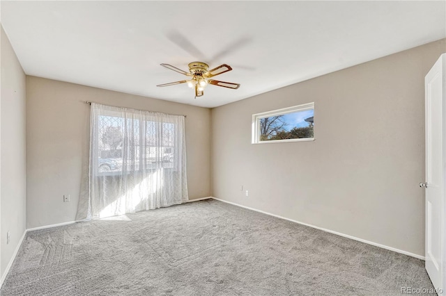 unfurnished room featuring ceiling fan and carpet flooring