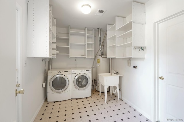 laundry area featuring washer and clothes dryer, sink, and water heater