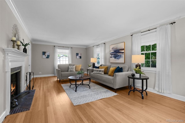1033 Estes St, Lakewood, CO 80215 - living area featuring wood finished floors, crown molding, and a warm lit fireplace