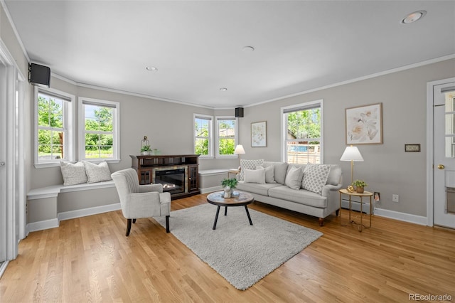 1033 Estes St, Lakewood, CO 80215 - living area with crown molding, baseboard heating, light wood-style floors, a glass covered fireplace, and recessed lighting
