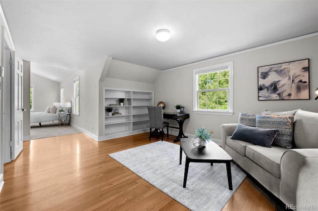 1033 Estes St, Lakewood, CO 80215 - living area featuring built in features, lofted ceiling, and light wood-style flooring