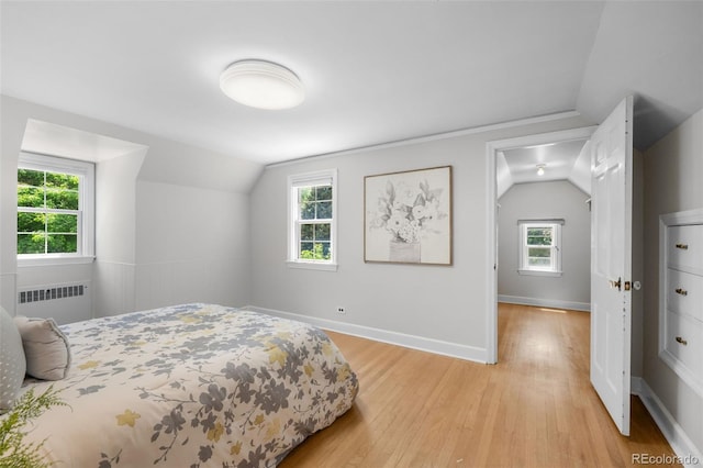 1033 Estes St, Lakewood, CO 80215 - bedroom featuring radiator heating unit, lofted ceiling, and light wood-type flooring