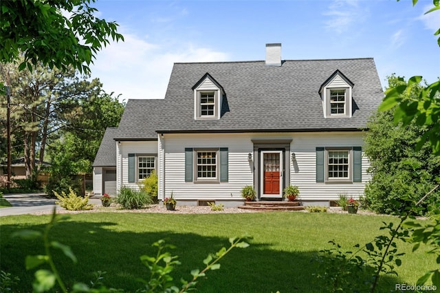 1033 Estes St, Lakewood, CO 80215 - cape cod house featuring a chimney, a front yard, and roof with shingles