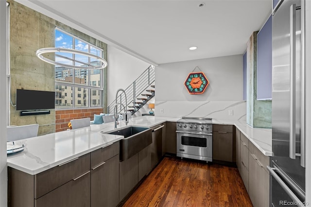 1050 Cherokee St Unit 403, Denver, CO 80204 - kitchen with premium appliances, a sink, dark wood-type flooring, light stone counters, and a peninsula