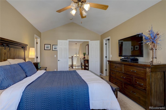 bedroom with light carpet, a ceiling fan, and vaulted ceiling