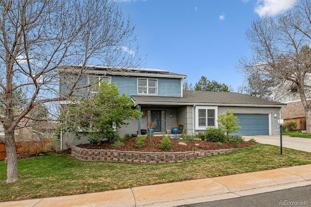 6062 S Emporia Cir, Englewood, CO 80111 - traditional-style house with an attached garage, roof mounted solar panels, a front yard, and concrete driveway