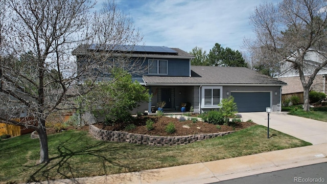 6062 S Emporia Cir, Englewood, CO 80111 - traditional-style house with a garage, covered porch, a front yard, a tiled roof, and driveway