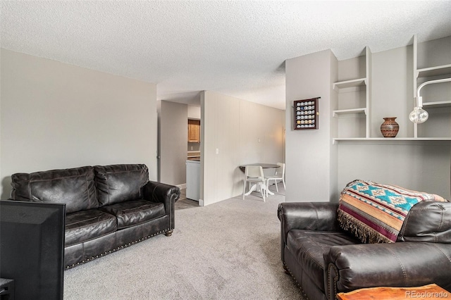 carpeted living area featuring a textured ceiling