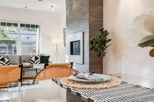 living room featuring ceiling fan and a fireplace