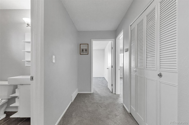 hall featuring carpet and a textured ceiling