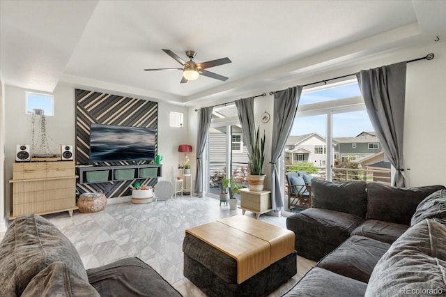 239 S Old Hammer St, Aurora, CO 80018 - living area with a ceiling fan and a tray ceiling