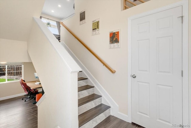 239 S Old Hammer St, Aurora, CO 80018 - stairs featuring wood finished floors, plenty of natural light, and recessed lighting