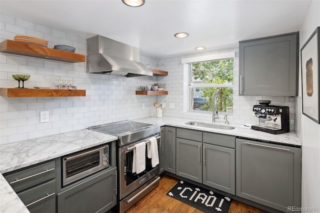 505 Detroit St, Denver, CO 80206 - kitchen with open shelves, stainless steel electric range oven, wall chimney exhaust hood, tasteful backsplash, and gray cabinets