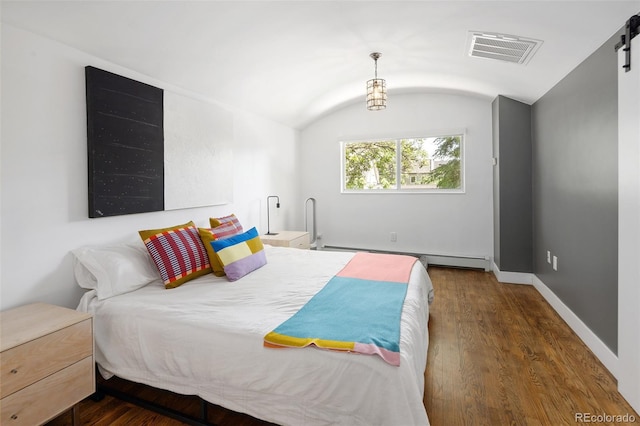 505 Detroit St, Denver, CO 80206 - bedroom with a barn door, a baseboard heating unit, wood finished floors, and lofted ceiling