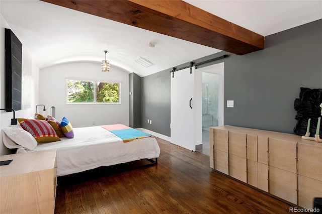 505 Detroit St, Denver, CO 80206 - bedroom featuring a barn door, dark wood-style flooring, lofted ceiling, and ensuite bathroom