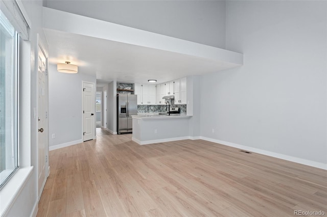 unfurnished living room with light hardwood / wood-style floors and sink