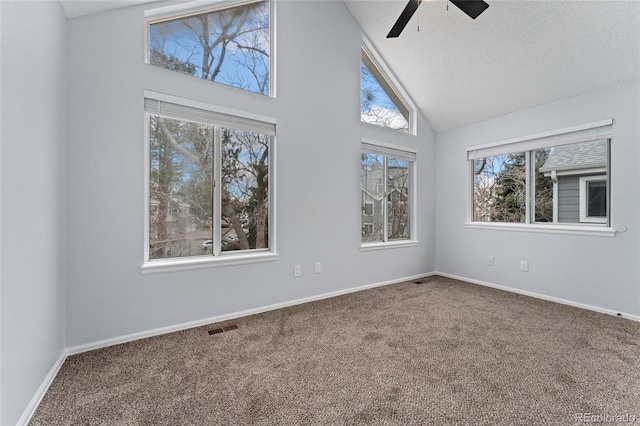 spare room with a textured ceiling, ceiling fan, carpet flooring, and high vaulted ceiling