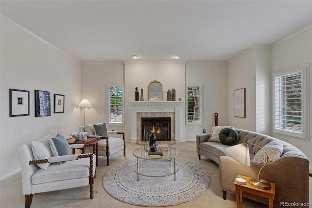 5 Tamarade Dr, Littleton, CO 80127 - living room with baseboards, ornamental molding, recessed lighting, carpet floors, and a premium fireplace