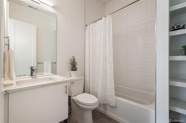 full bathroom featuring toilet, visible vents, shower / tub combo with curtain, and vanity