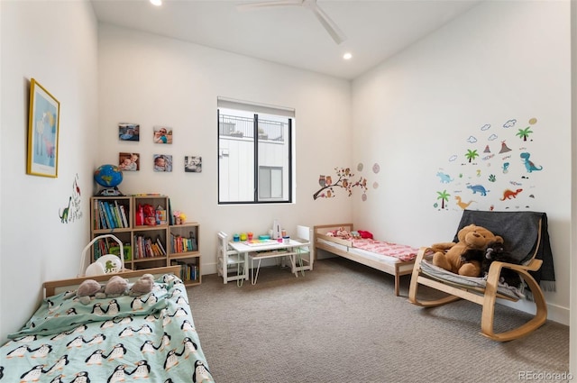 carpeted bedroom with ceiling fan and recessed lighting