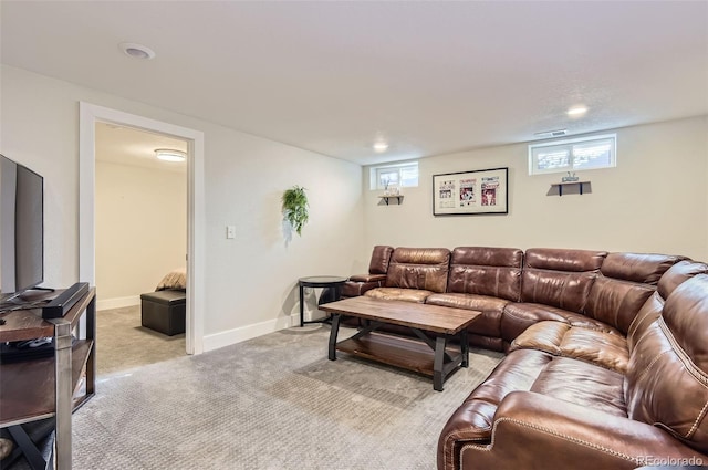 living room with light colored carpet