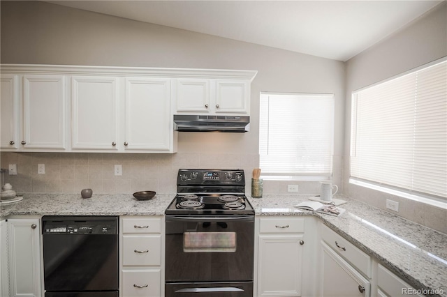 kitchen featuring under cabinet range hood, white cabinets, vaulted ceiling, black appliances, and tasteful backsplash