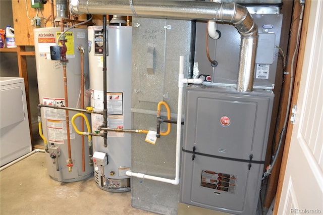 utility room featuring heating unit, gas water heater, and washer / clothes dryer