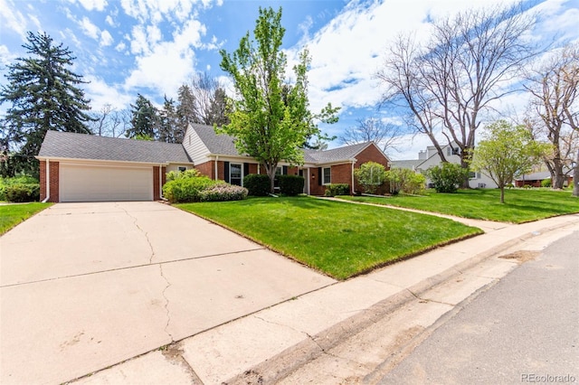 3756 S Forest Way, Denver, CO 80237 - single story home featuring brick siding, a front lawn, a garage, and concrete driveway