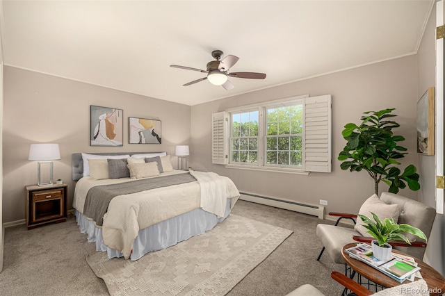 3756 S Forest Way, Denver, CO 80237 - bedroom with a baseboard heating unit, carpet floors, ceiling fan, and baseboards