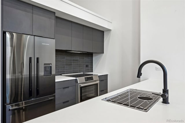 kitchen featuring appliances with stainless steel finishes, backsplash, and gray cabinets