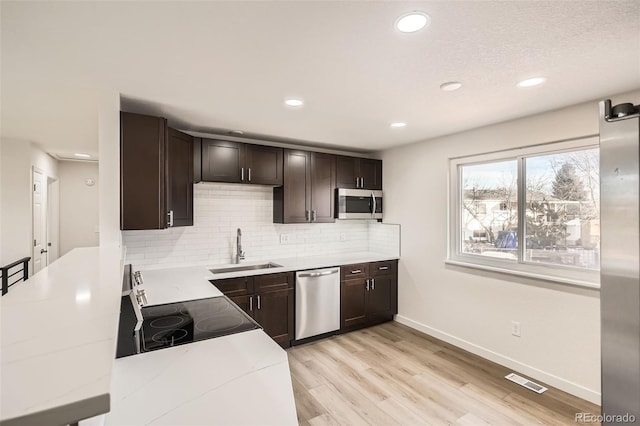 kitchen with sink, dark brown cabinets, stainless steel appliances, decorative backsplash, and light wood-type flooring