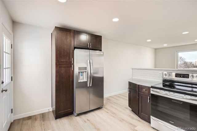 kitchen with backsplash, dark brown cabinetry, appliances with stainless steel finishes, and light wood-type flooring