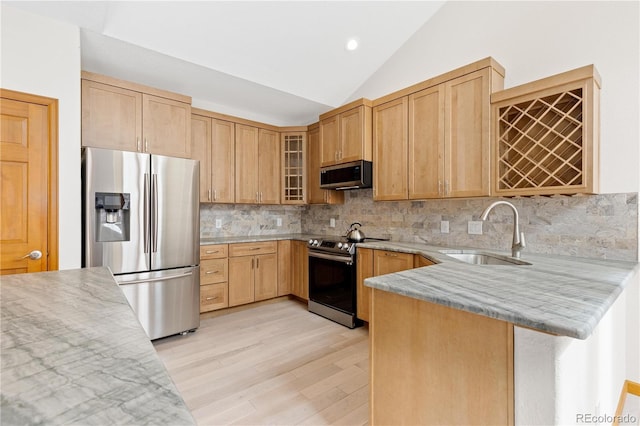 kitchen with vaulted ceiling, a sink, appliances with stainless steel finishes, a peninsula, and glass insert cabinets