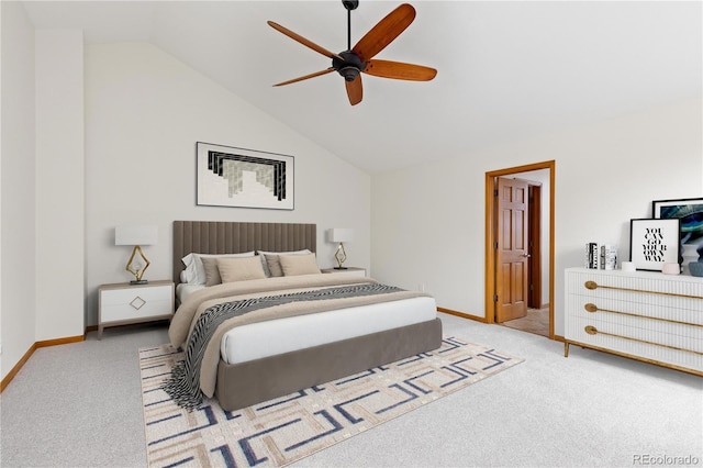 carpeted bedroom with baseboards, vaulted ceiling, and ceiling fan