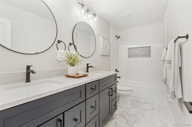 9810 Venneford Ranch Rd, Highlands Ranch, CO 80126 - full bathroom with shower / bathtub combination, double vanity, and marble look tiles