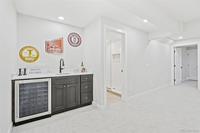 9810 Venneford Ranch Rd, Highlands Ranch, CO 80126 - indoor wet bar with beverage cooler, recessed lighting, and light colored carpet
