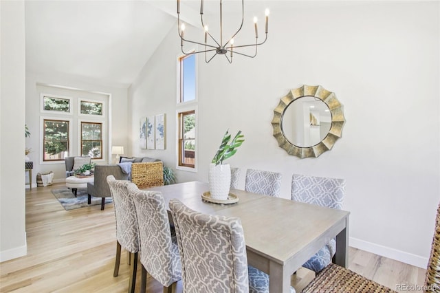 9810 Venneford Ranch Rd, Highlands Ranch, CO 80126 - dining area featuring a chandelier, high vaulted ceiling, and light wood-style floors