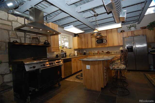 kitchen with appliances with stainless steel finishes, a center island, light brown cabinetry, island range hood, and a breakfast bar