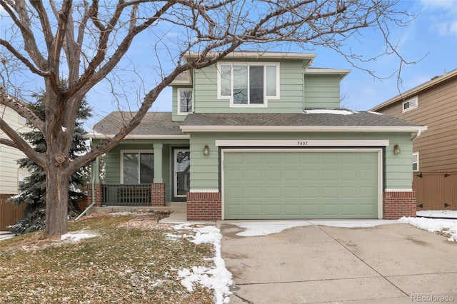 view of front of house with concrete driveway, brick siding, and roof with shingles