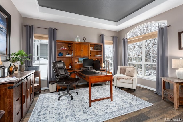 home office with dark hardwood / wood-style floors and a raised ceiling