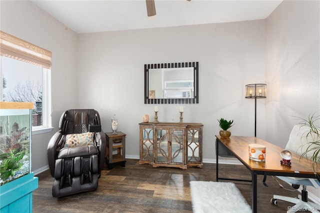 living area featuring ceiling fan and dark wood-type flooring