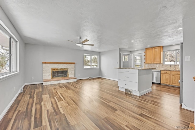kitchen with light wood-style flooring, stainless steel dishwasher, a ceiling fan, and a wealth of natural light