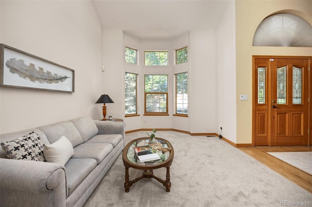 6506 S Robb Way, Littleton, CO 80127 - carpeted living room featuring wood finished floors and a towering ceiling