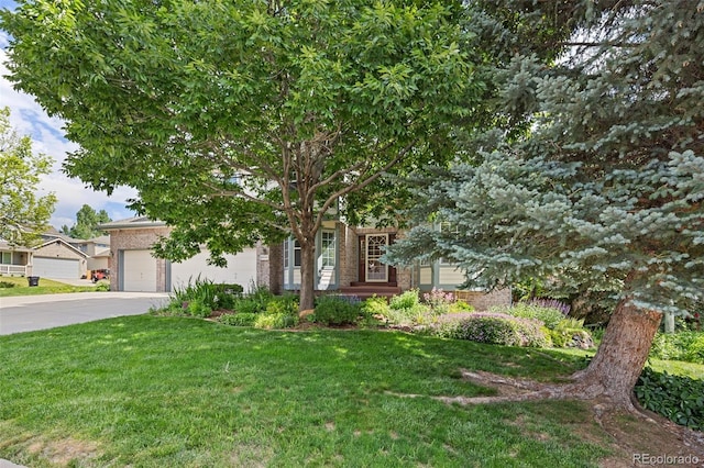 6506 S Robb Way, Littleton, CO 80127 - view of property hidden behind natural elements with driveway, brick siding, a front yard, and a garage