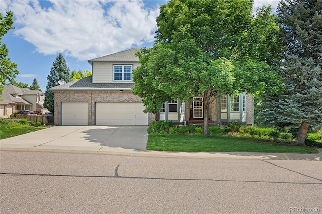 6506 S Robb Way, Littleton, CO 80127 - obstructed view of property featuring concrete driveway, brick siding, a front lawn, a shingled roof, and an attached garage