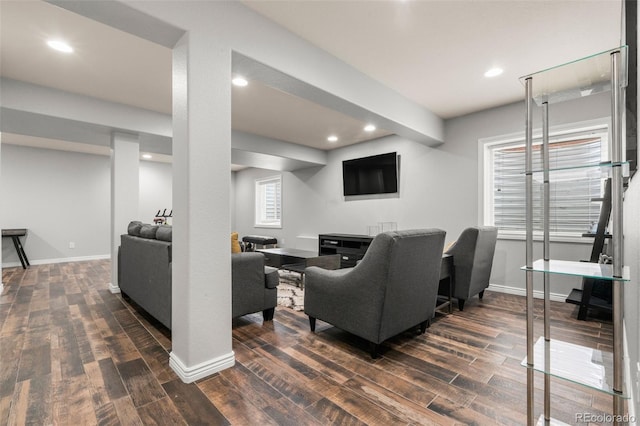 24880 E Euclid Pl, Aurora, CO 80016 - living room with recessed lighting, dark wood finished floors, and baseboards