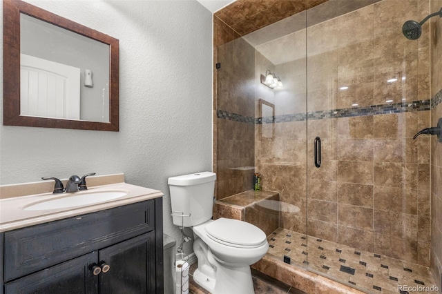 24880 E Euclid Pl, Aurora, CO 80016 - bathroom with toilet, a textured wall, vanity, and a stall shower